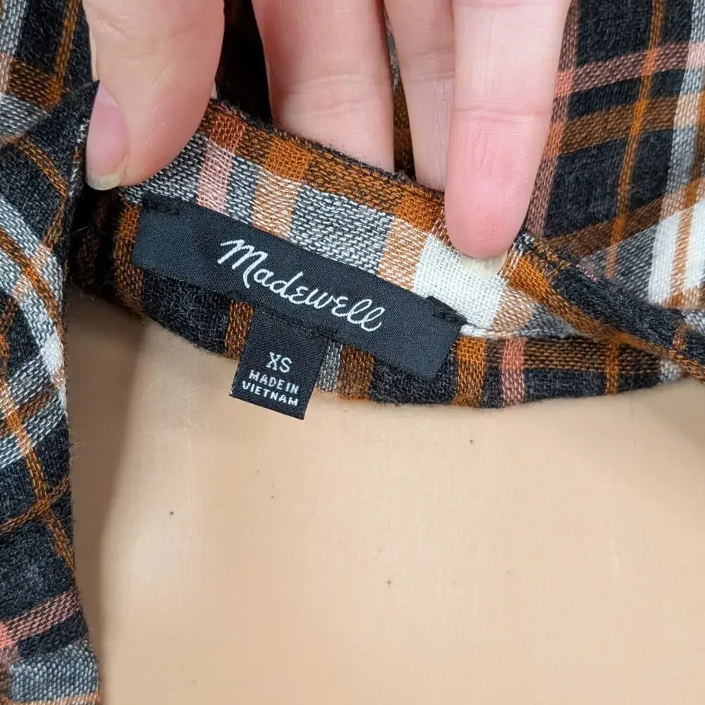 Madewell Plaid Crinkle Gauze Side Tie Wrap Puff Sleeve Top Brown Black XS